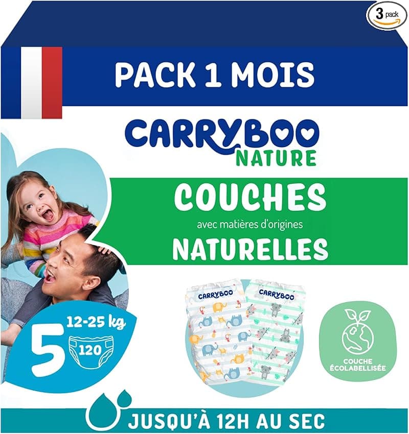 Couches Carryboo Taille 5 (12-25kg) : Naturelles, Écologiques & 12h Anti-Fuites