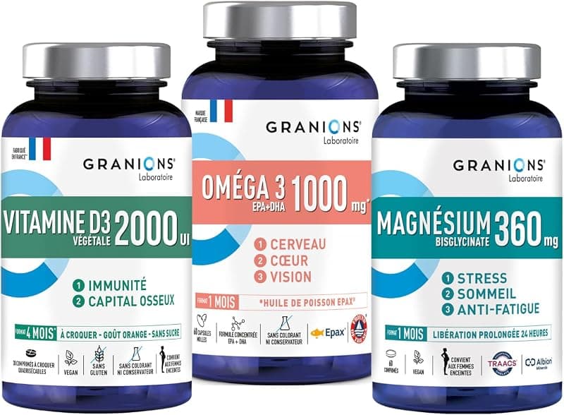 Lot 3 Compléments Alimentaires GRANIONS : Omega 3, Vitamine D3 & Magnésium